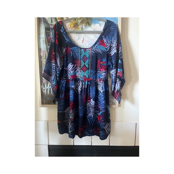 Roxy Beach Flowy surf Hawaiian Floral Boho Embroidery mini dress tunic cover up - Picture 1 of 6